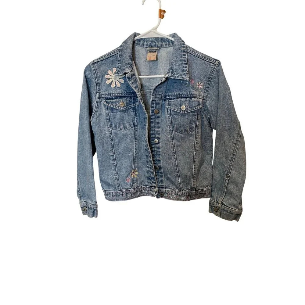 High Sierra Girls Embroidered Floral Butterfly Denim Jacket M 10/12 Boho Cottage